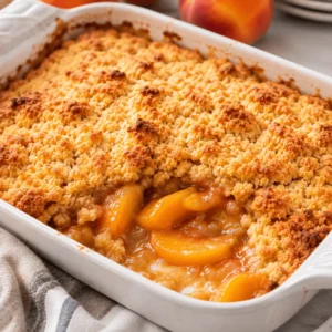 Peach Dump Cake with a golden, crumbly cake mix topping and glossy peach slices visible in a white baking dish.