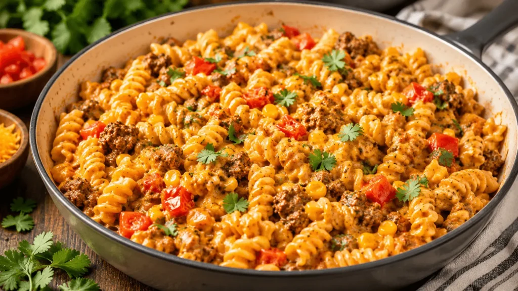Taco Pasta with ground beef, rotini, corn, red peppers, creamy cheese sauce, and fresh cilantro in a skillet.
